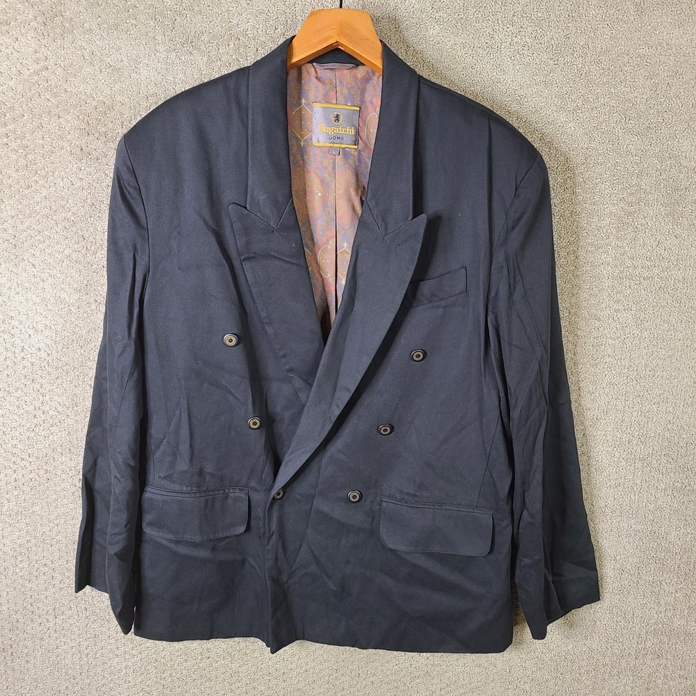 Bugatchi‎ Uomo Jacket Mens Large Black Double Breasted Blazer Rayon Blend